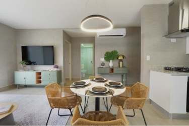 Bright open-plan living dining area with stylish decor at Costa Chame Panama