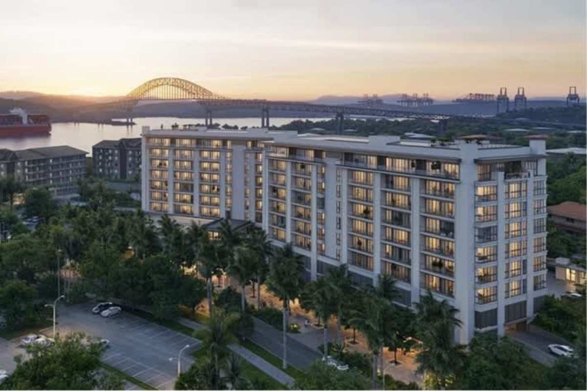 Aerial of waterfront condos with ocean and port views at Passage Amador Panama City