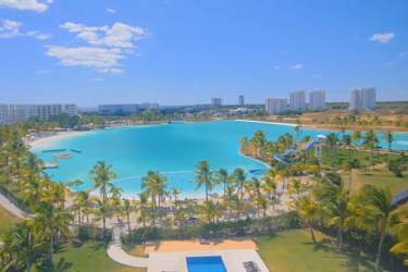 Aerial resort view lagoon pool ocean beachfront Playa Blanca Panama