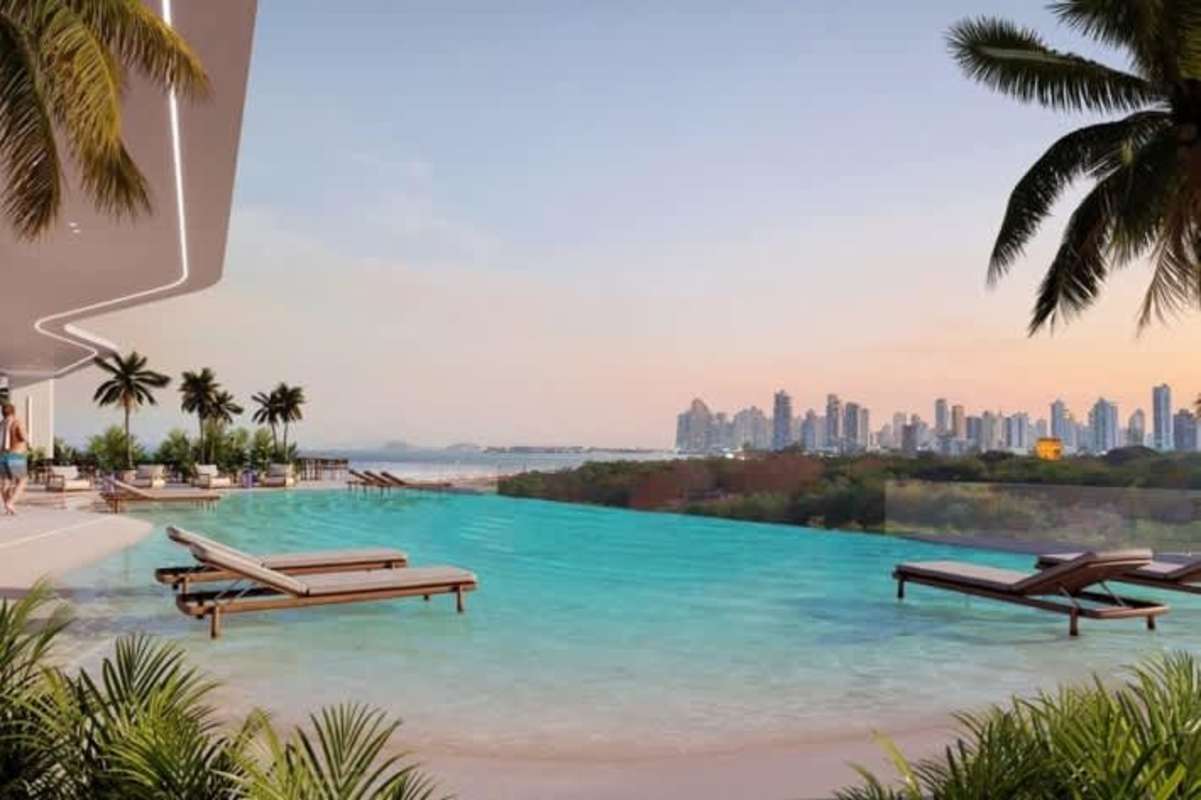 Infinity-edge pool with sun loungers overlooking Panama skyline Costa del Este