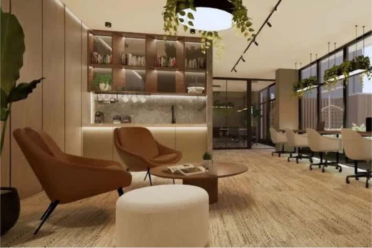 Modern office coworking lounge with floor-to-ceiling windows in PH Allure Punta Pacifica Panama