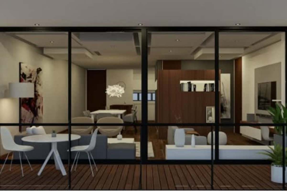 Balcony overlooking living dining area through floor-to-ceiling glass PH Zima Bella Vista Panama