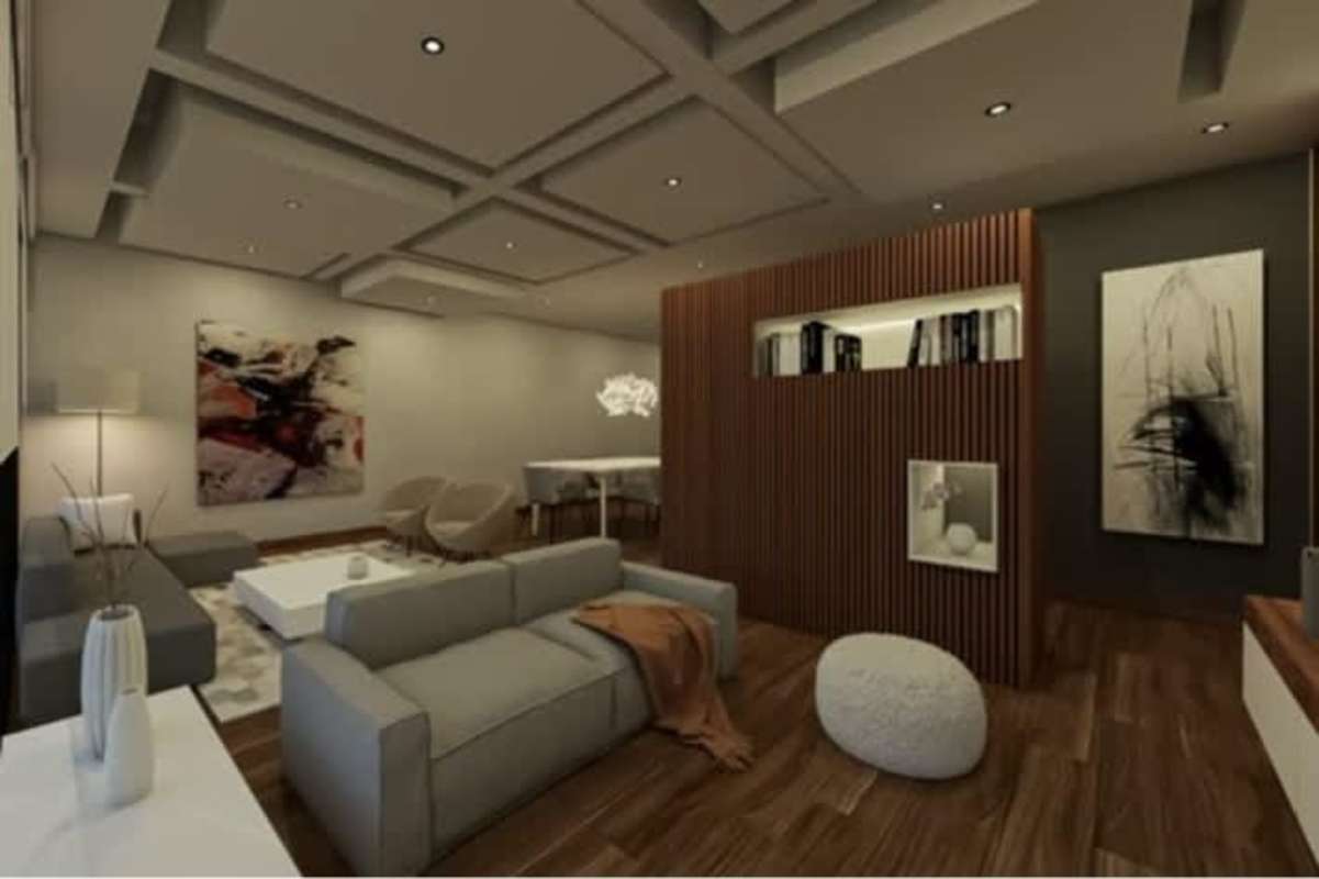 Modern living room with dining space, coffered ceiling, wood accents PH Zima Bella Vista Panama