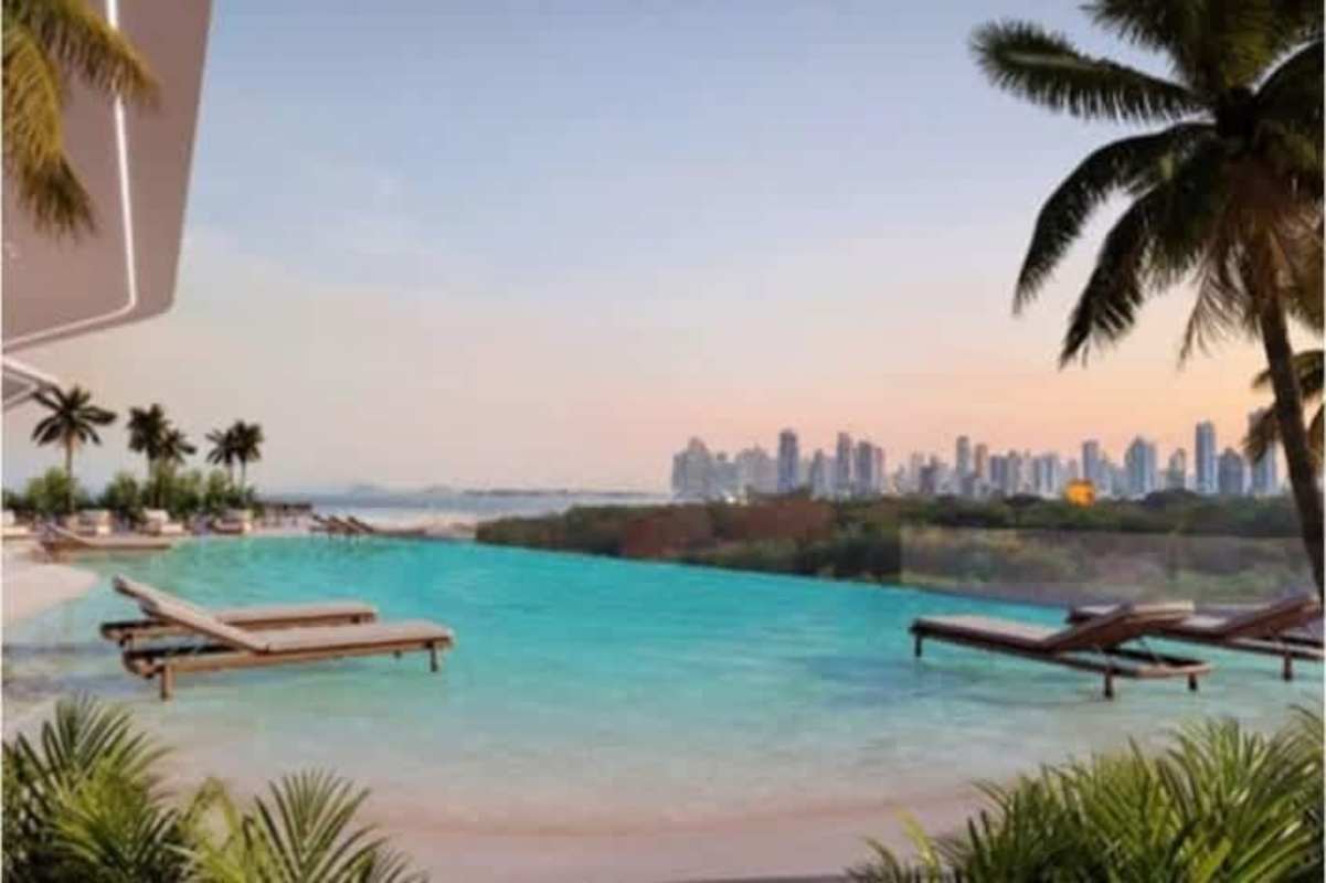 Contemporary waterfront high-rises and urban greenery in Costa del Este viewed from PH Kai