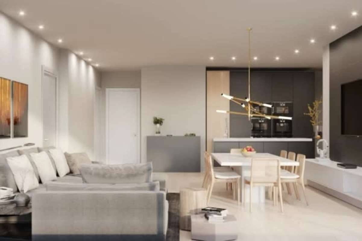 Modern kitchen with integrated living dining area Oceana Residences Panama