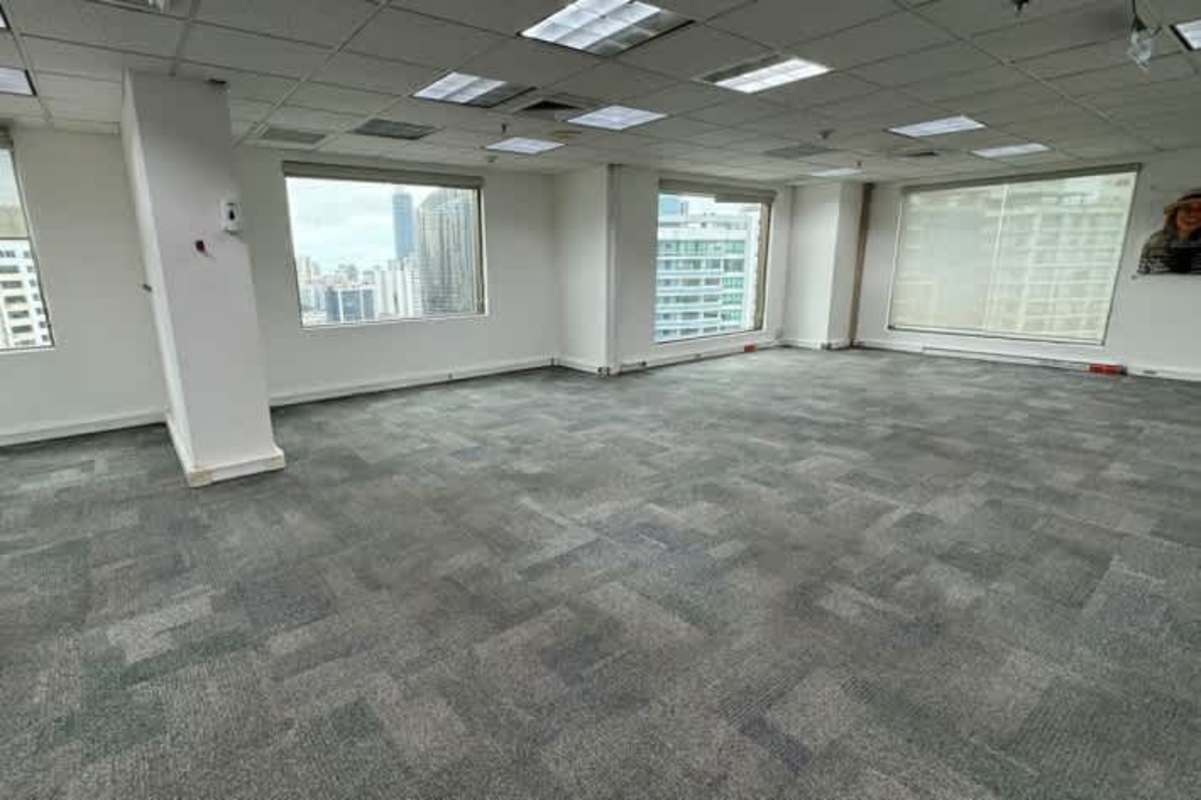 Skyline city view through panoramic office windows at World Trade Center Panama