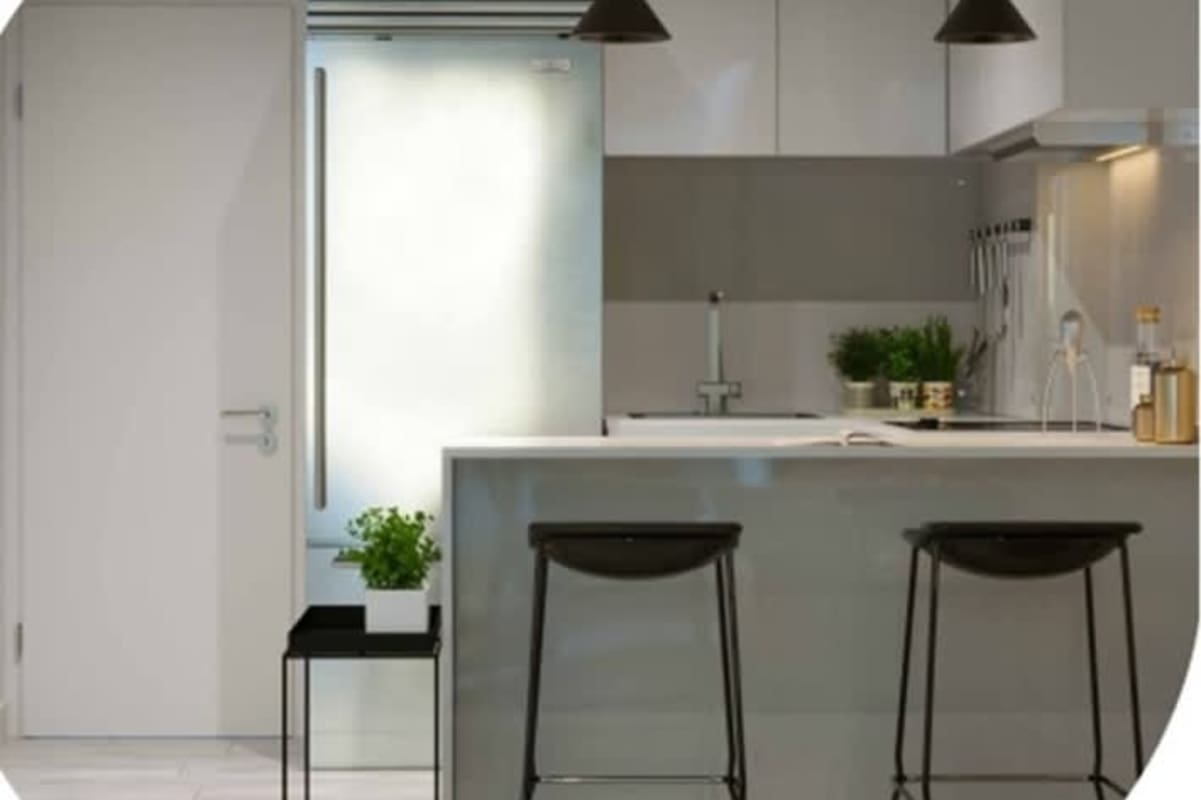 Bedroom with large window, gray decor, pendant lights and ocean view in PH Bay View building Avenida Balboa Panama City