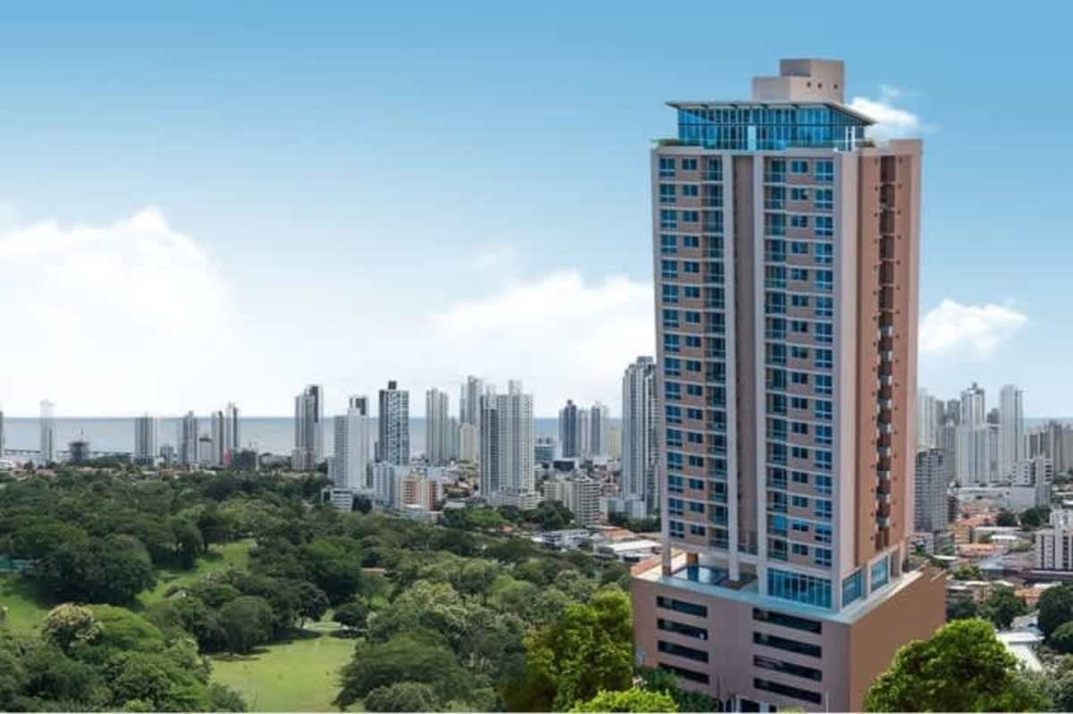 Panoramic view of PH Isabella Towers tall modern high-rise facade in Carrasquilla Panama City