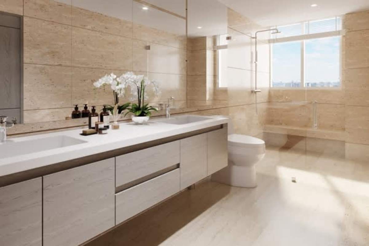 Spacious master bedroom with large window golf view Santa María Panama apartment