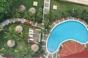 Large beachfront infinity pool surrounded by palm trees at PH Playa Serena