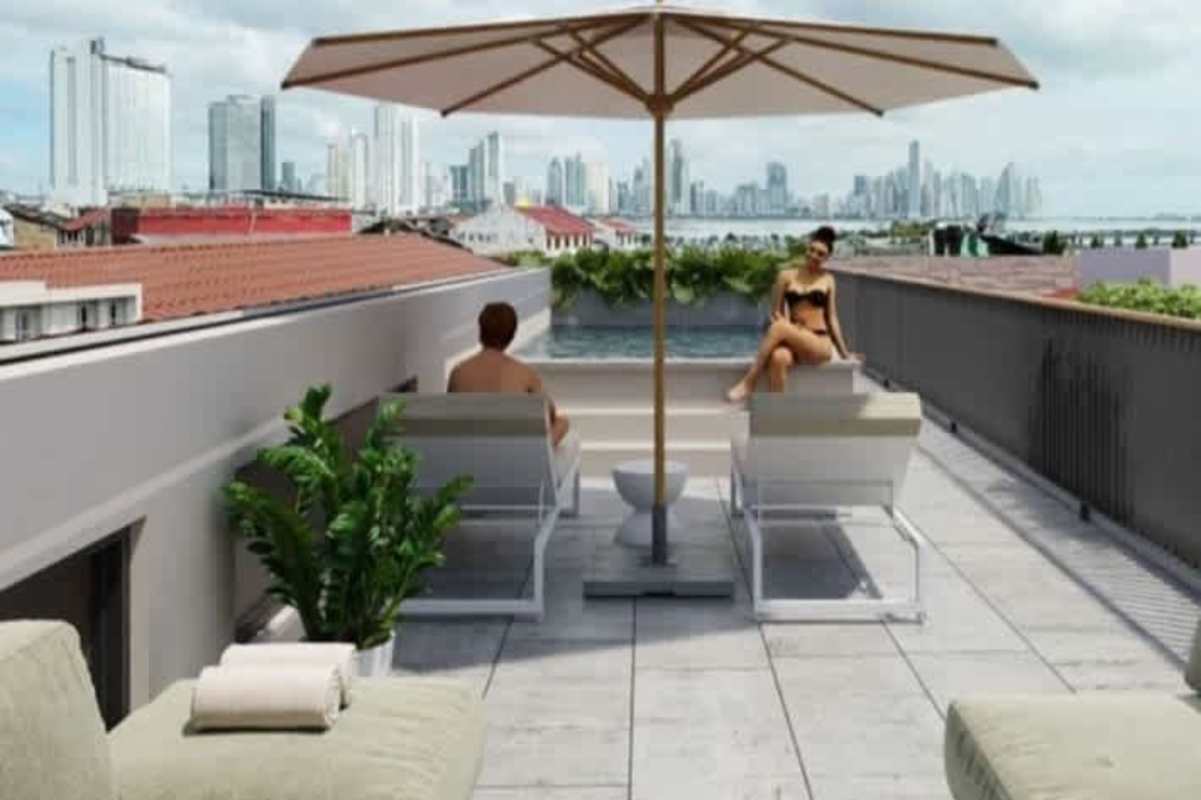Rooftop pool terrace with panoramic city and ocean views in Casco Viejo Panama