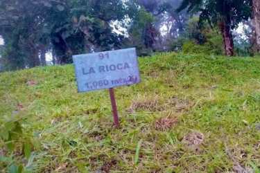 Plot 91 sign with lot size amidst trees and grass in mountain setting