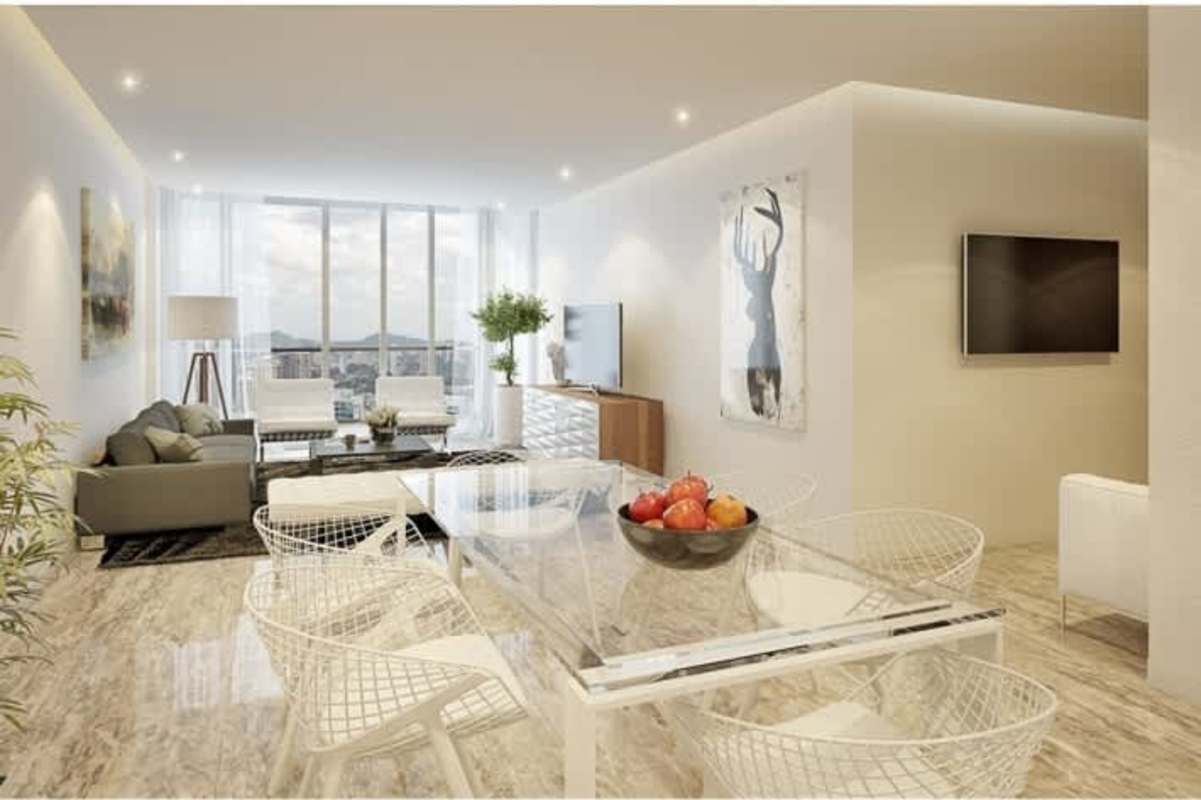 Spacious living dining area with marble floors floor-to-ceiling windows ocean view PH BICSA Panama