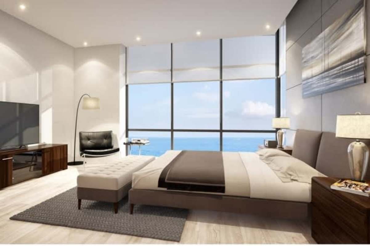 Luxury master bedroom large windows ocean skyline view marble floors in PH BICSA Panama