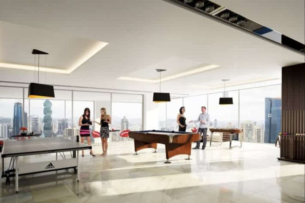 Game and entertainment room with pool table ping pong panoramic city views BICSA Tower Panama