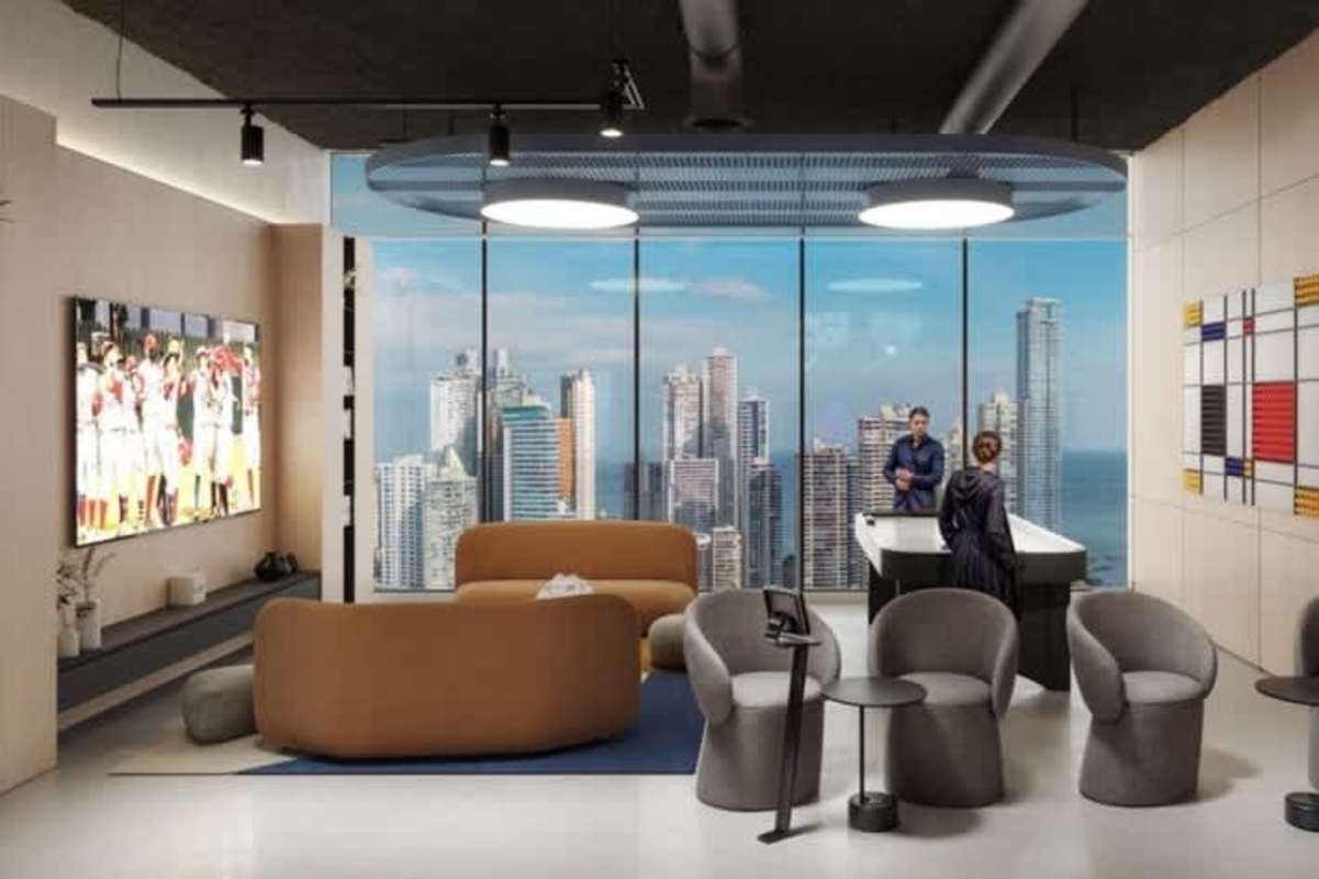 Modern living room with panoramic windows city skyline view PH Moderna Marbella Panama