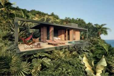 Large infinity pool overlooking Pacific Ocean and jungle at eco luxury Vervana Playa Venao Panama