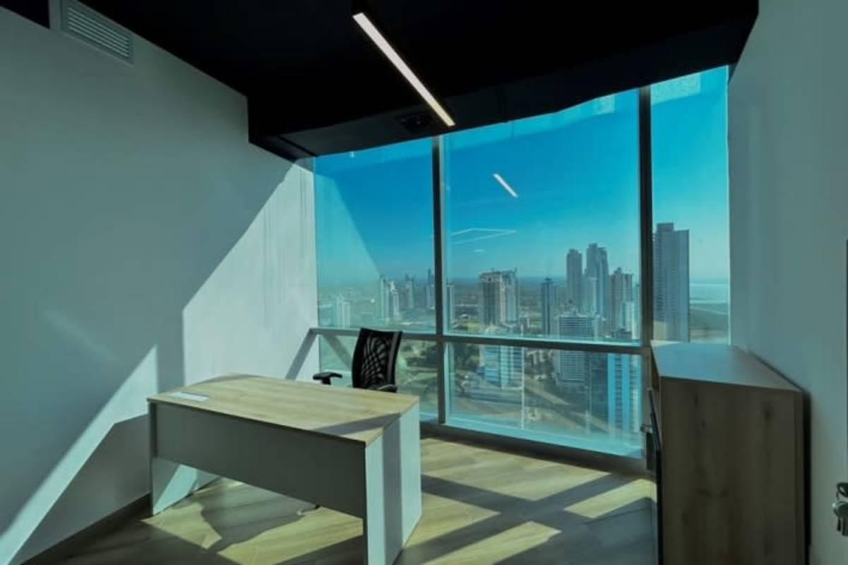 Private corner office space with floor-to-ceiling windows overlooking Panama skyline