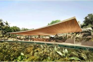 Eco villa with large angular canopy pool surrounded by lush gardens Playa Venao Panama