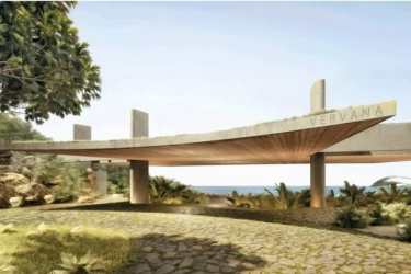 Circular infinity pool lush landscaped luxury resort Playa Venao Panama