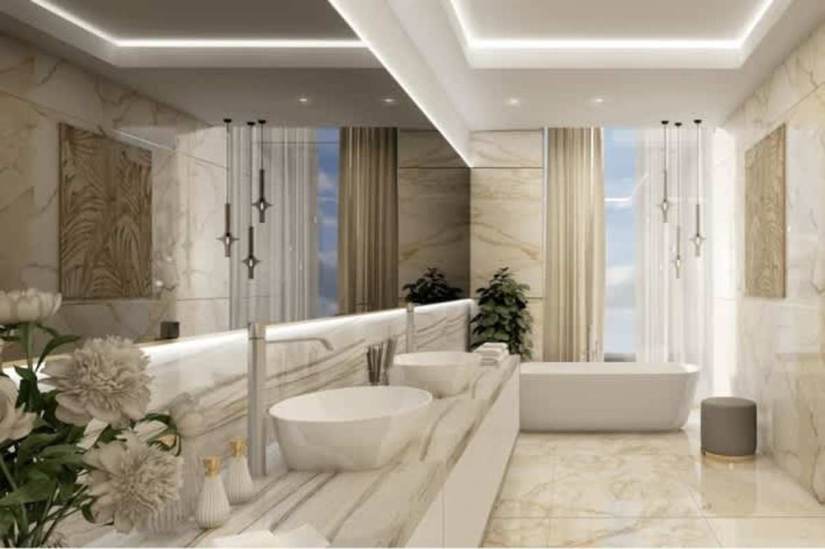 Modern marble kitchen with high-end appliances and dining area La Maison Panama