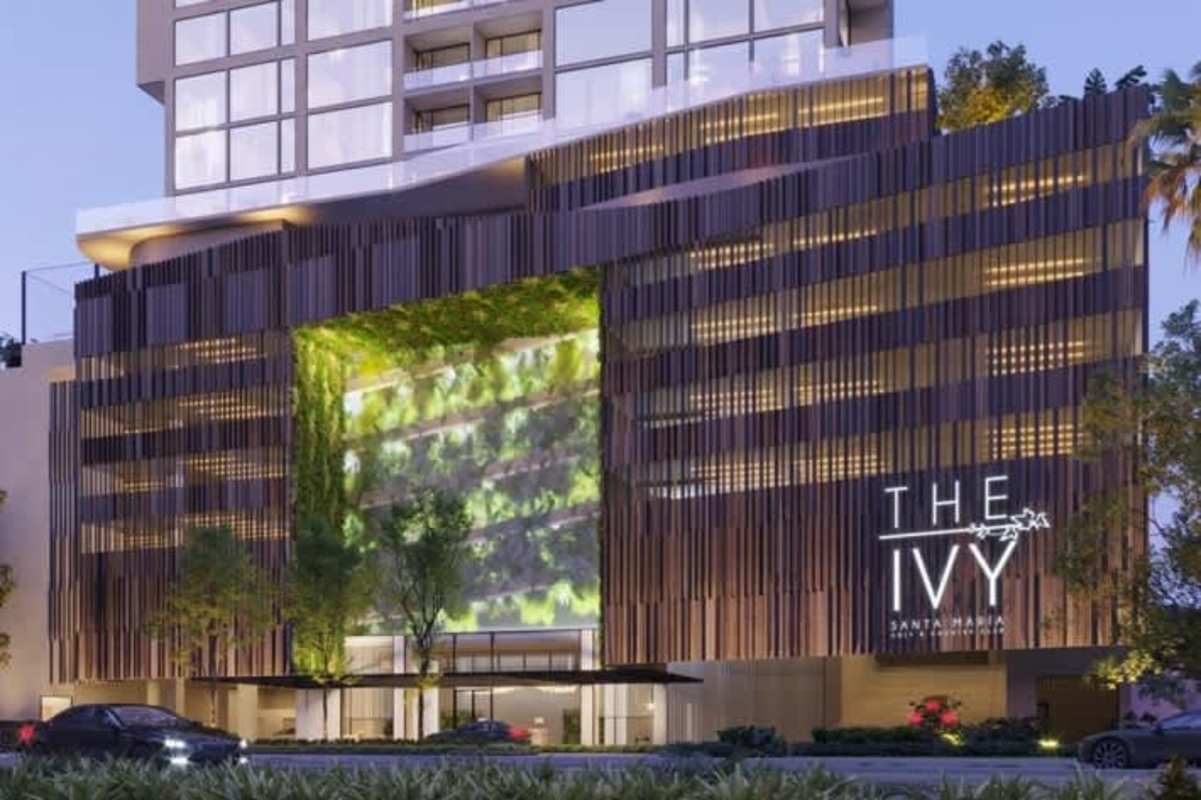 Outdoor terrace lounge with pergola and ocean skyline view PH The Ivy Panama City