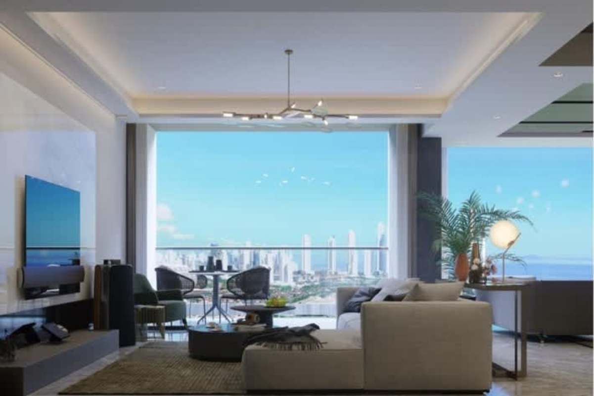 Rooftop swimming pools amid gardens overlooking Pacific Ocean and golf course Santa Maria Panama