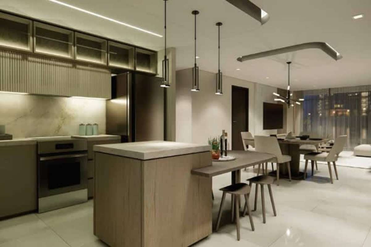 Modern lobby with curved sofa, chandelier, wood panels Allure at Punta Pacifica Panama City