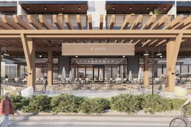 Modern exterior restaurant outdoor dining wood pergola Boquete Town Center Panama