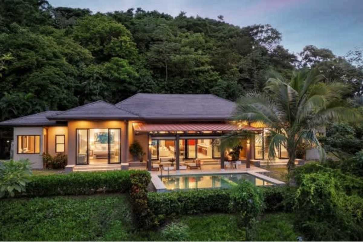 Aerial view of Pearl Island marina with yachts in luxury tropical real estate development Panama