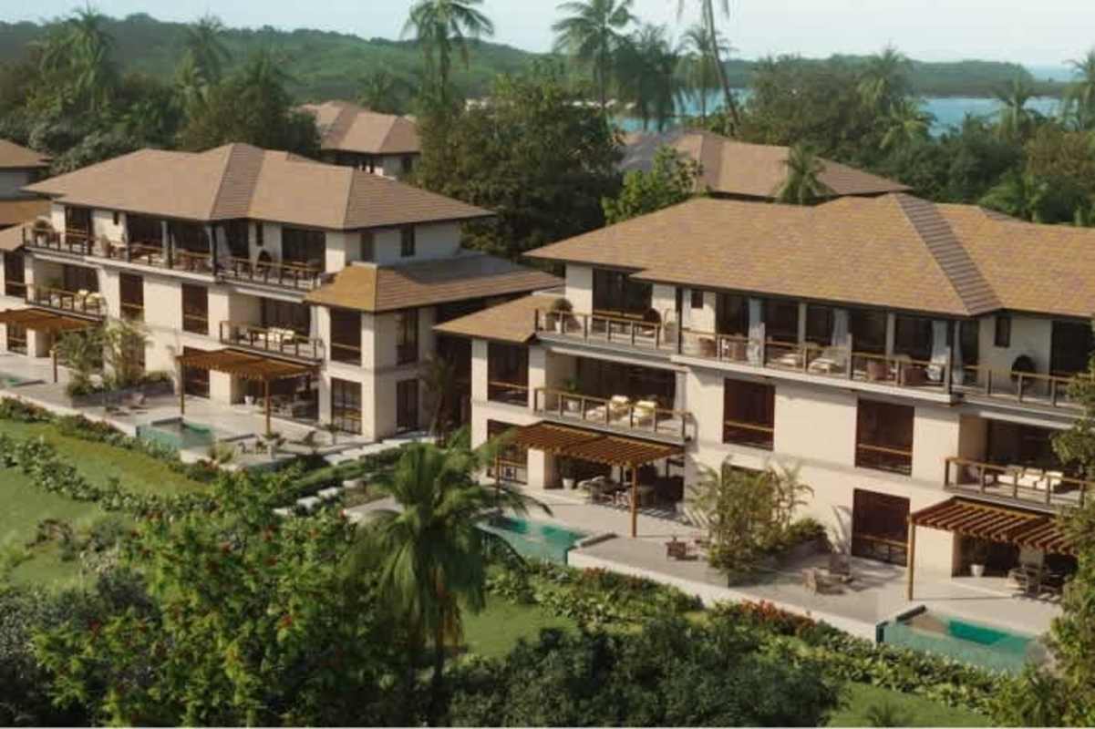 Aerial view tropical luxury residences with private pools on Las Perlas Pearl Island Panama