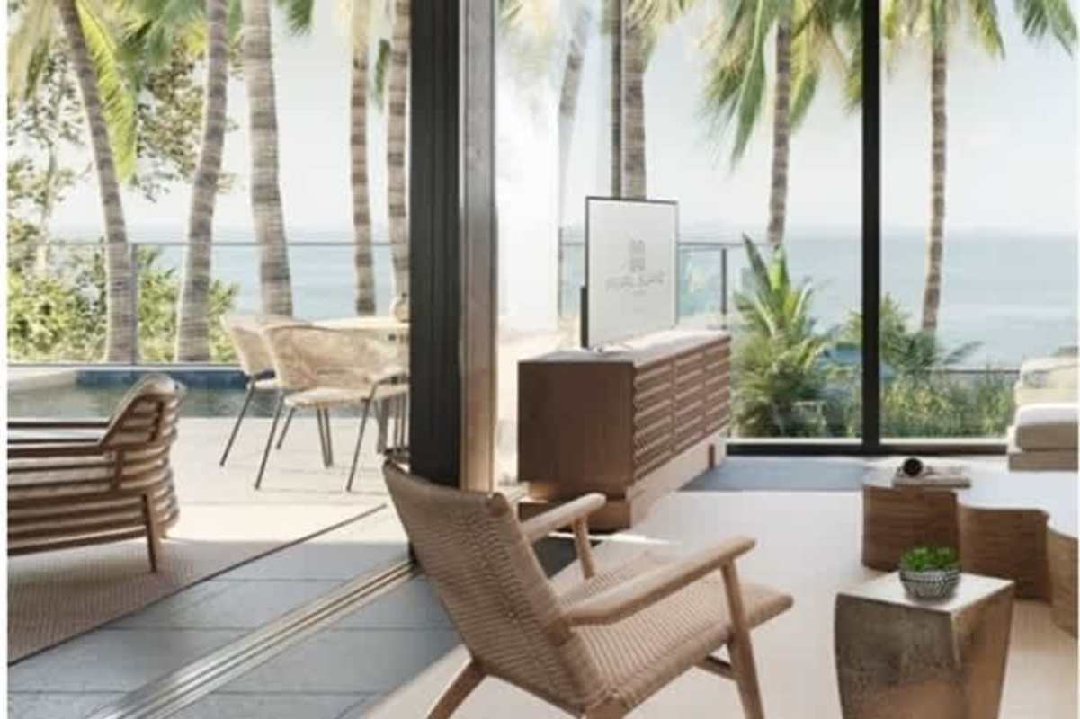 Spacious living dining area with panoramic Pacific Ocean views at Pearl Island Club Residence Panama