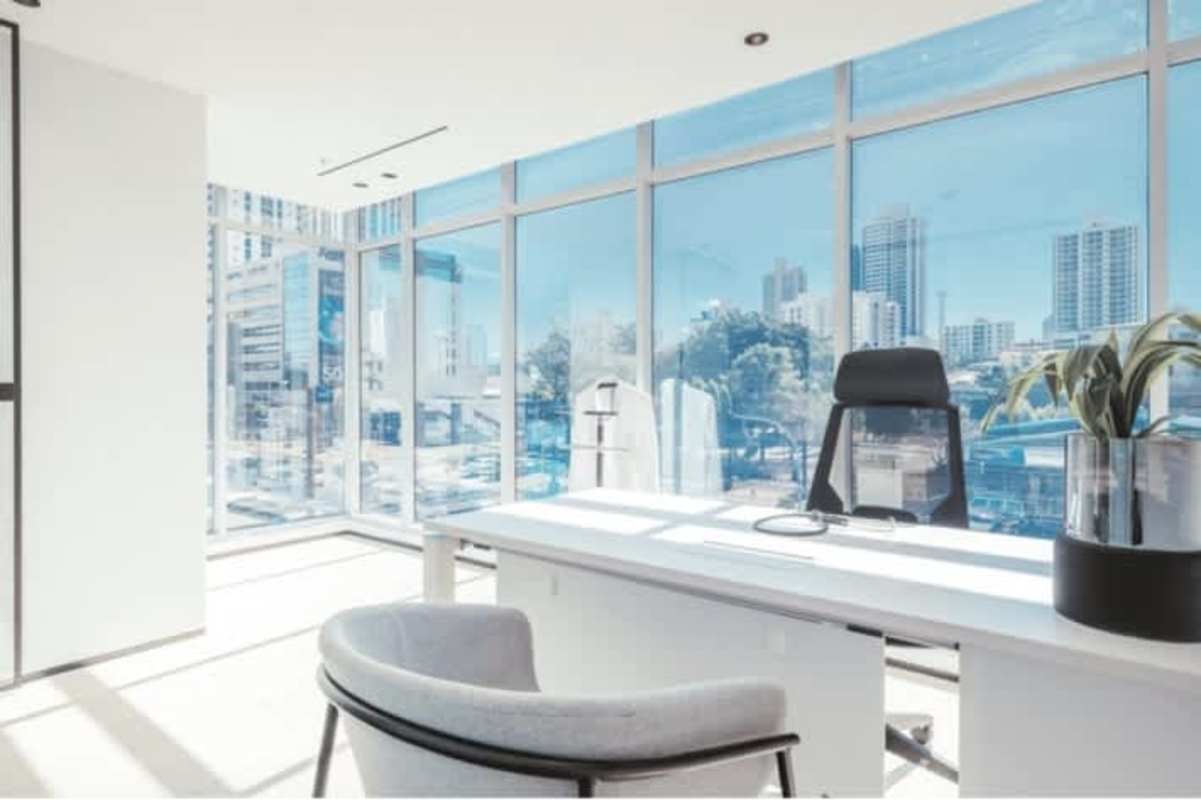 Panoramic view from modern medical consultory at Park Square with minimalist furnishings
