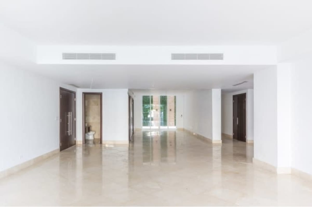 Formal dining room marble flooring luxury furnished apartment PH Miradores, Punta Pacífica Panama