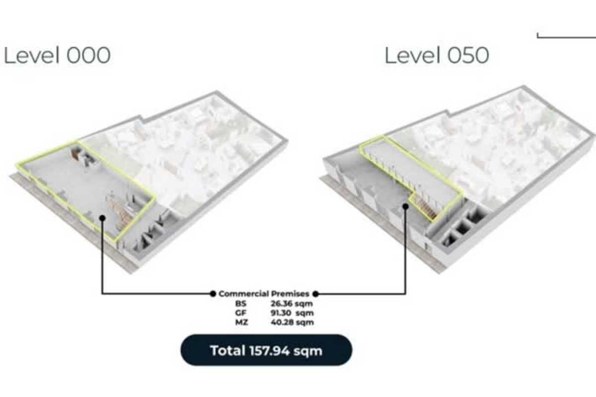 3D plan of commercial unit with basement, ground, and mezzanine in colonial Casco Viejo building Panama