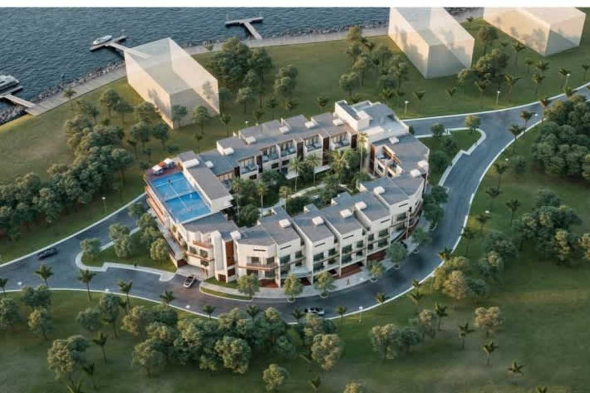 Curved apartment complex central courtyard marina view waterfront luxury Panama City