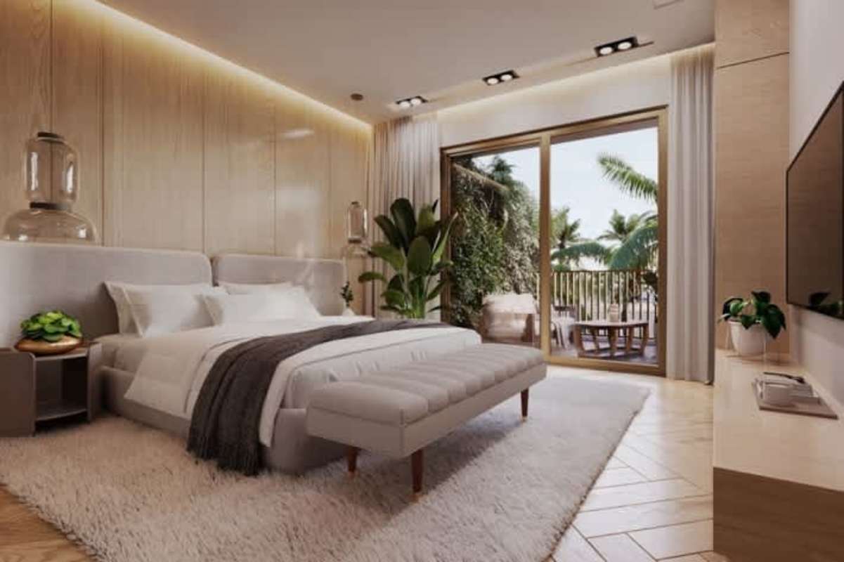 Bedroom with balcony tropical garden view modern luxury villa Ocean Reef Islands Panama
