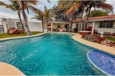 Aerial view beachfront home with private pool, gazebo at Playa Malibú Nueva Gorgona Panama