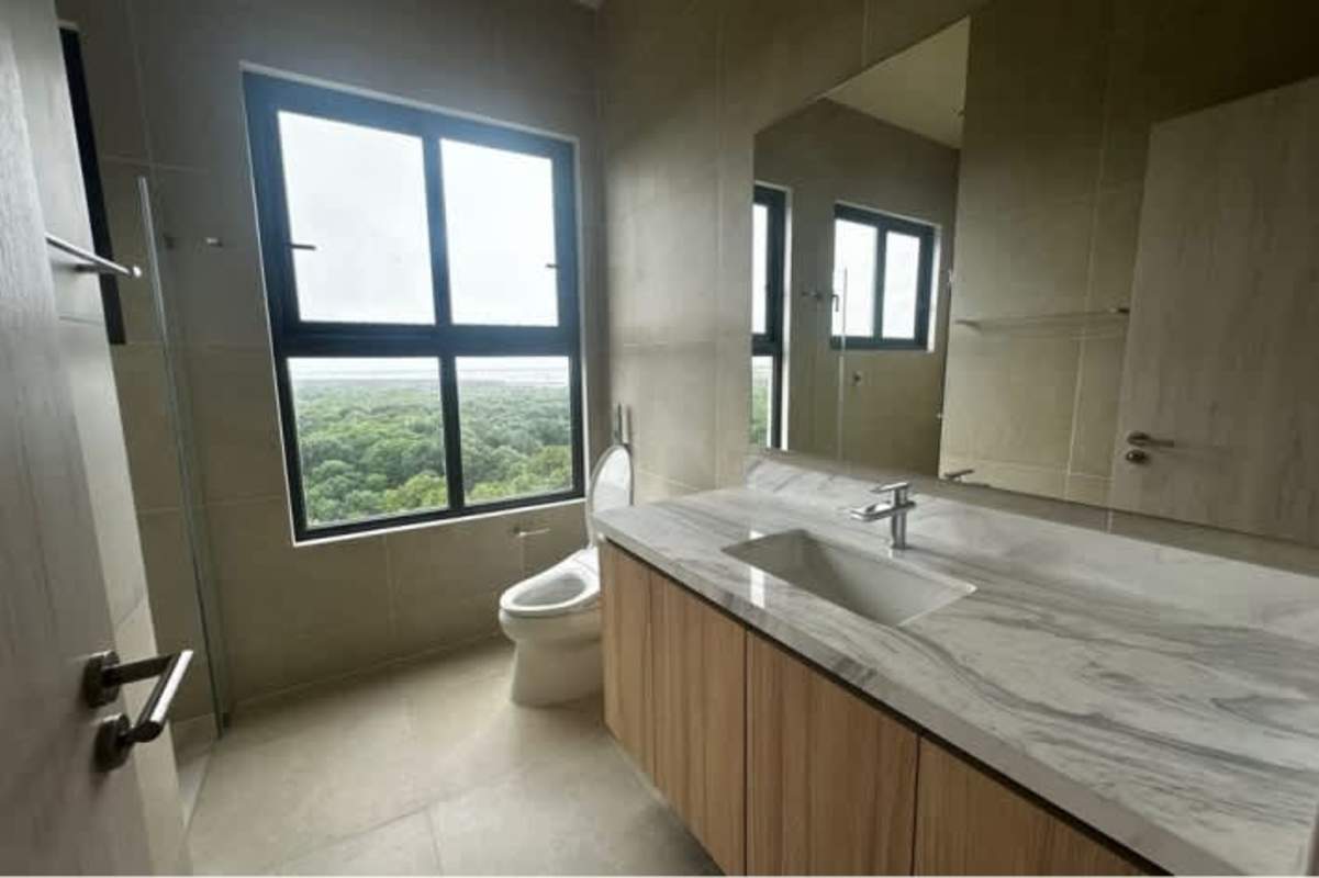 Contemporary bathroom with glass shower and window in PH Ocean House