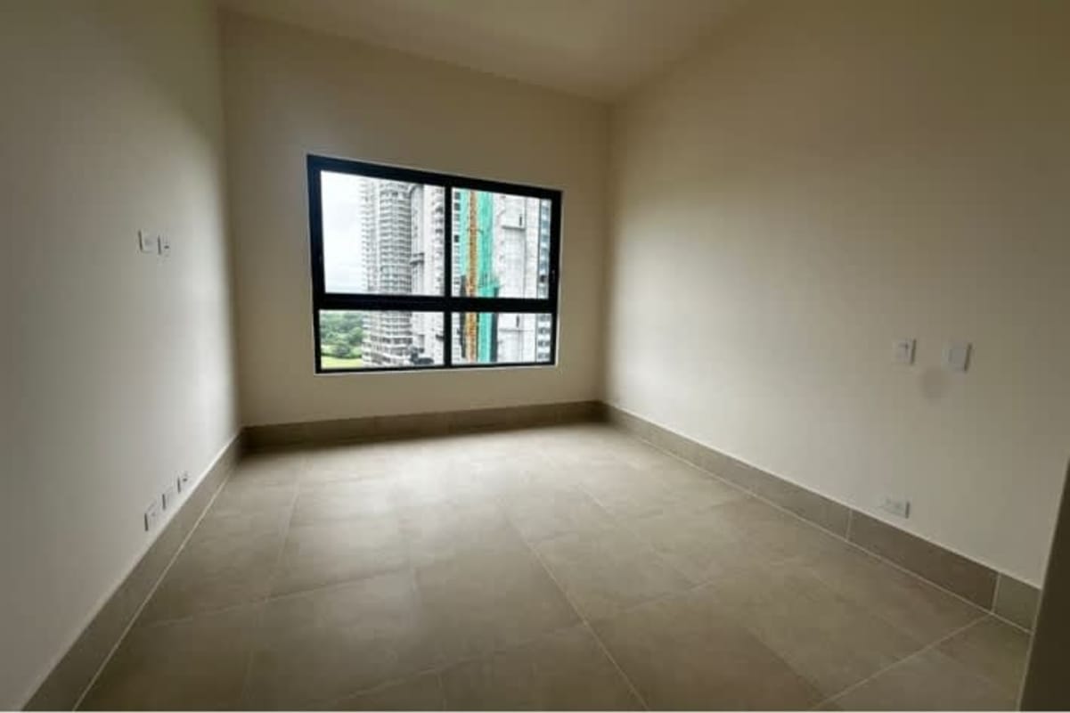 Bedroom with tile flooring, neutral walls, large window with city view at Ocean House Santa Maria