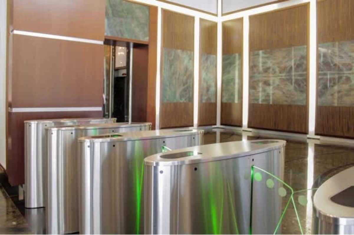 Luxury marble lobby entrance with elevators at BICSA Financial Center Panama City