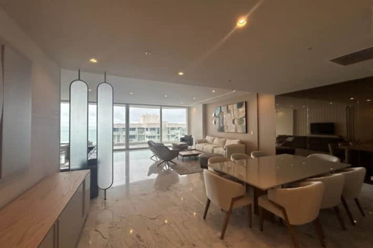 Modern kitchen with marble island, stainless steel appliances, and panoramic views at PH The Towers Punta Paitilla Panama