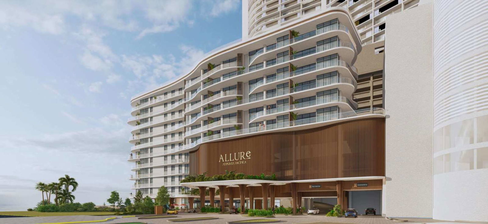 Facade of PH Allure at the Point featuring curved balconies glass railings modern design in Punta Pacifica Panama