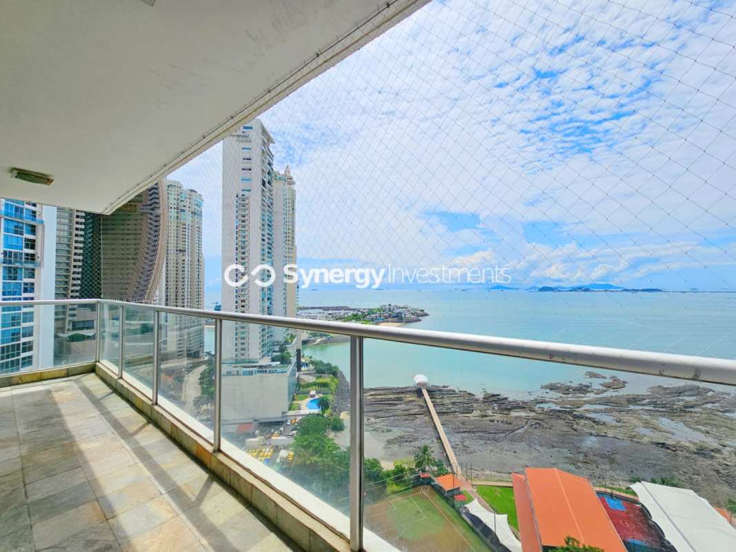 Modern kitchen with granite countertops and ocean view in PH Q Tower Punta Pacifica Panama