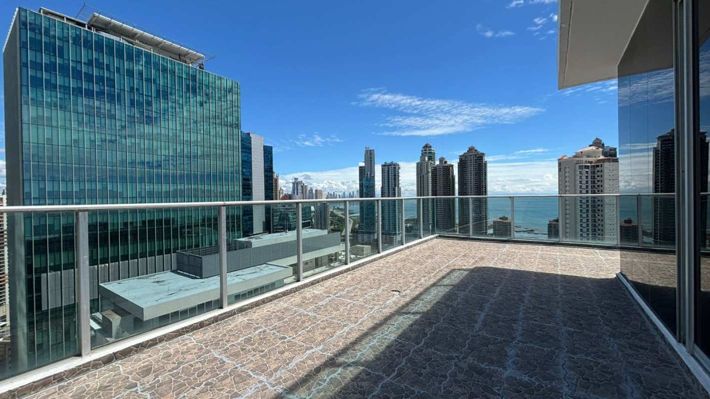 Spacious balcony with skyline and ocean views in Punta Pacifica Panama