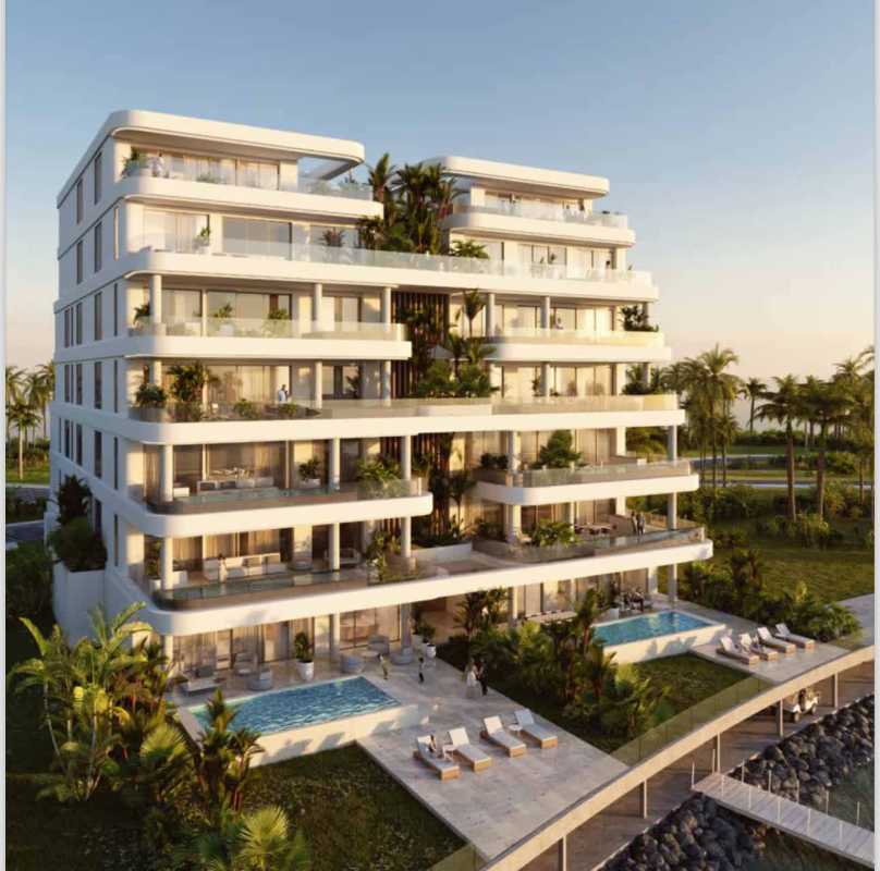 Modern multi-story luxury building with balconies, private pools and ocean views on Ocean Reef Island Panama