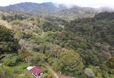 Secluded rural home with red roof among mountainous cloud forest estate