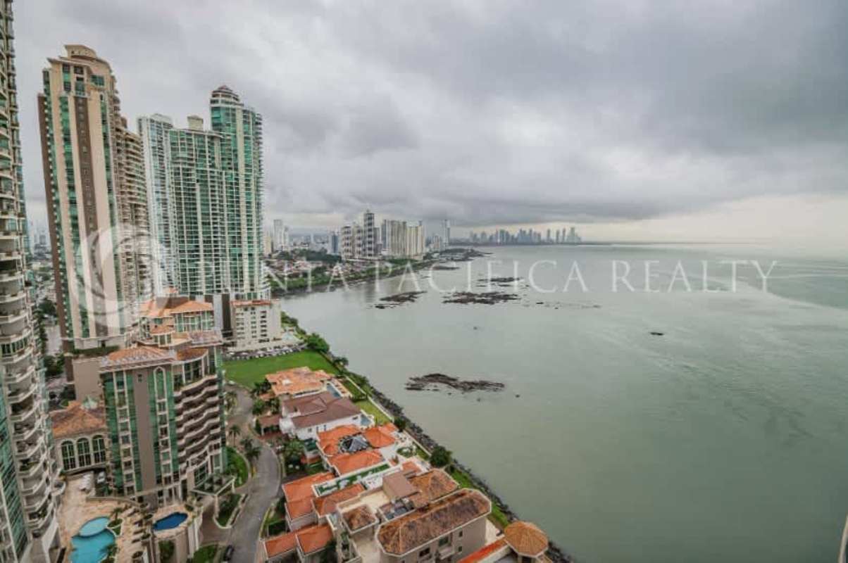 Panoramic balcony view ocean and city skyline Grand Tower Punta Pacifica Panama