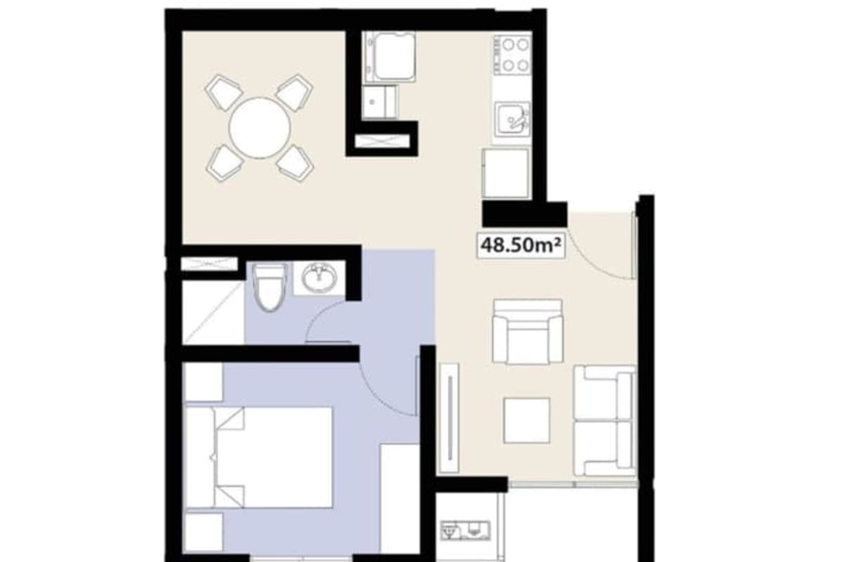 Floor plan of modern apartment with living area, kitchen, bedroom, bathroom in PH Bella Vista