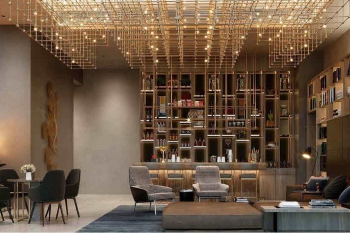 Bright living room with dining area, floor-to-ceiling windows overlooking Santa Maria golf